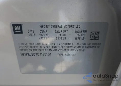 2013 Chevrolet Cruze 2Lt Auto z USA, uszkodzony, nr VIN 1G1PE5SB1D7178131